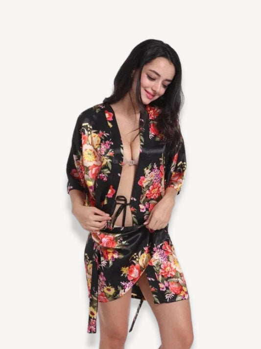 Pyjama femme satin | Fleuri Noir / M